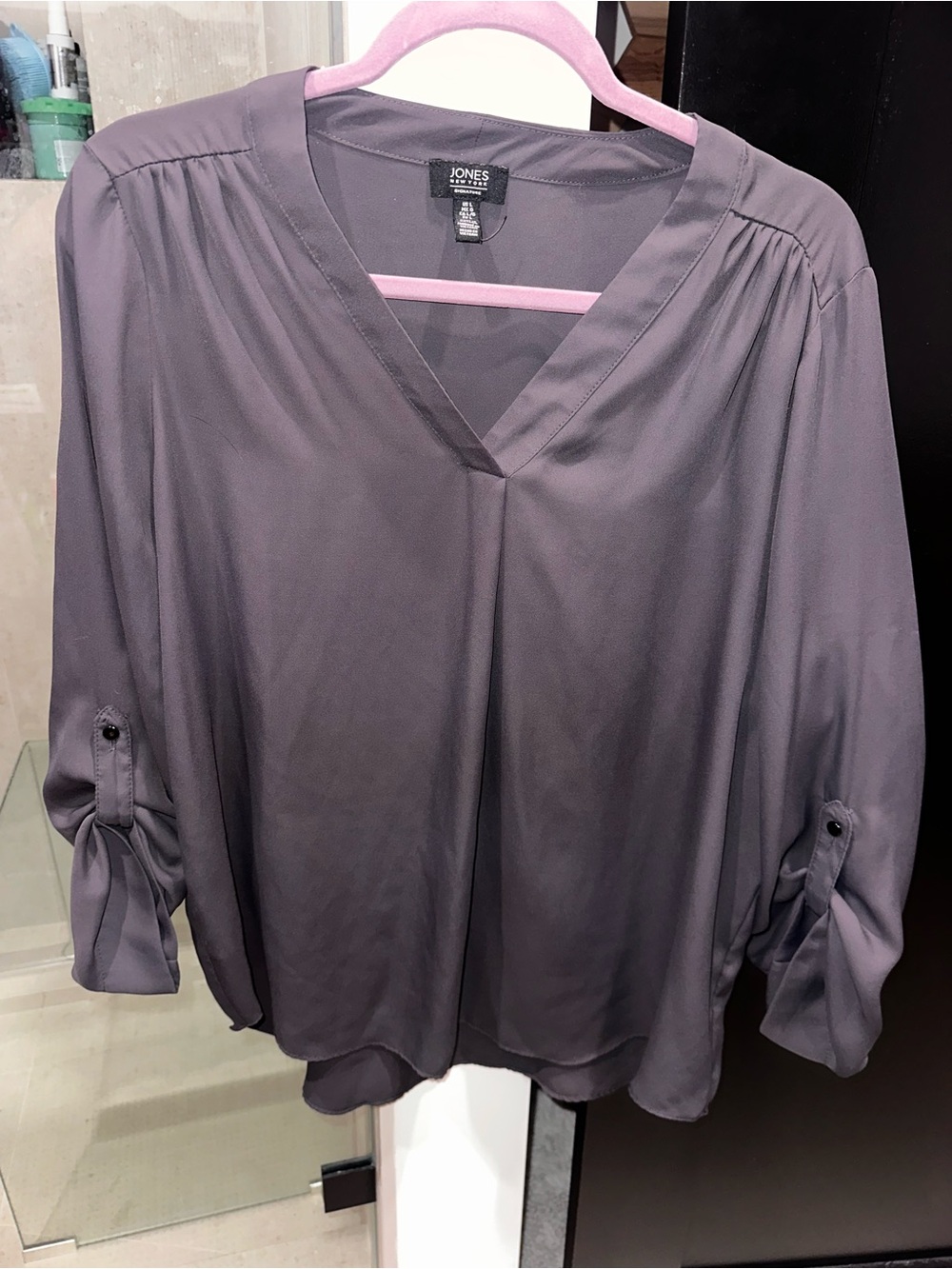 Jones New York Slate Gray V-Neck Roll-Tab Blouse, 3/4 Sleeves